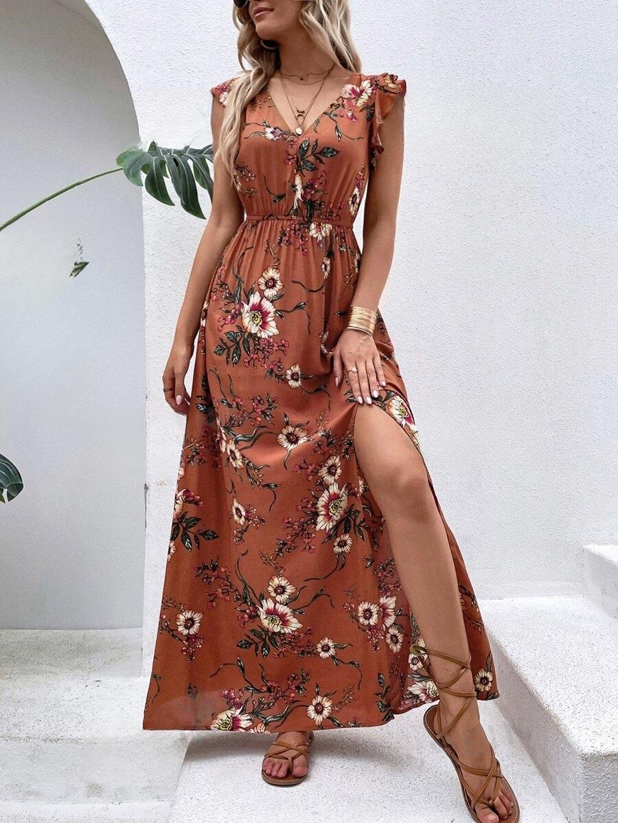 Vestido Longo Floral Com Fenda