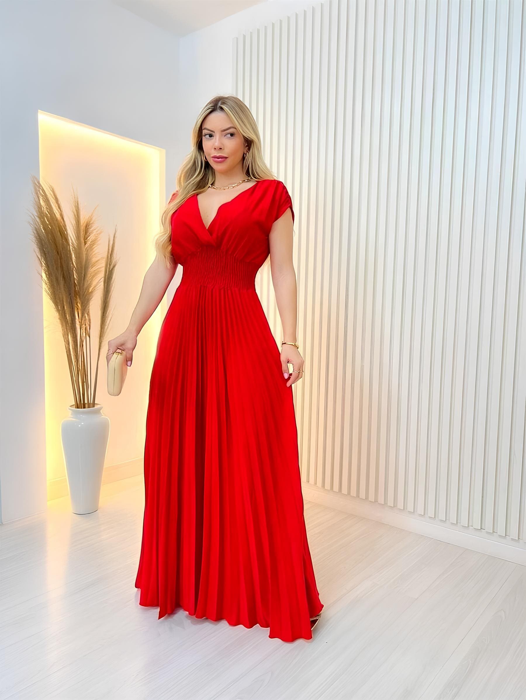 Vestido Longo Com Elástico Plissado