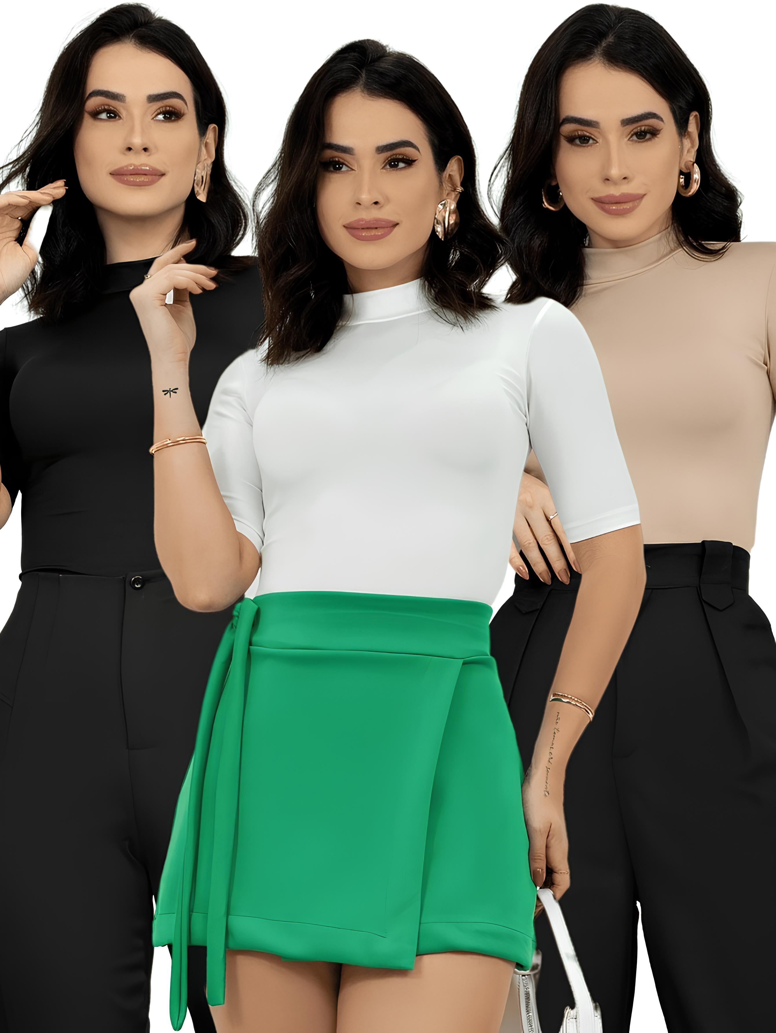 Blusa Manga Curta Gola Alta (Kit 3 T-Shirt)