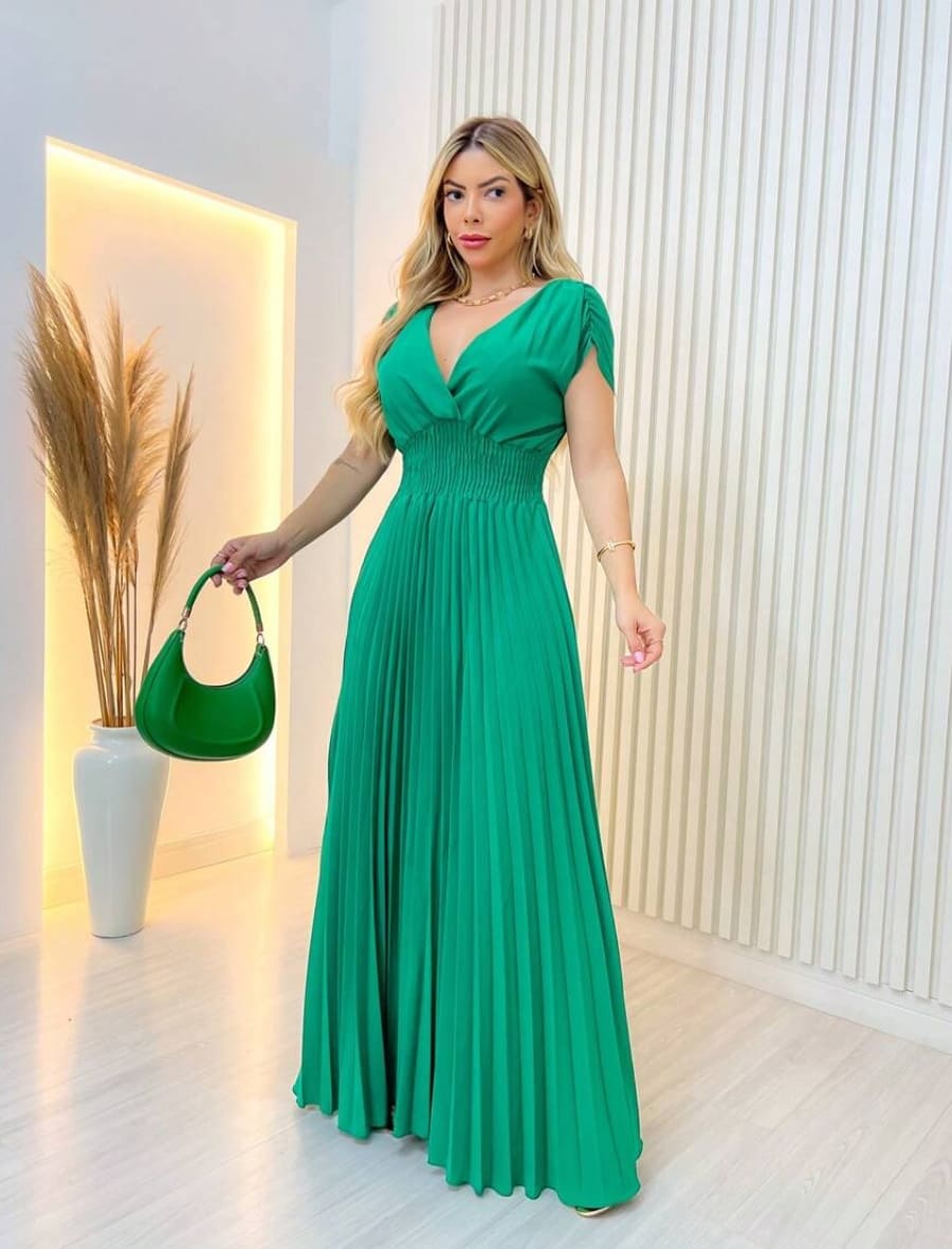 Vestido Longo Com Elástico Plissado
